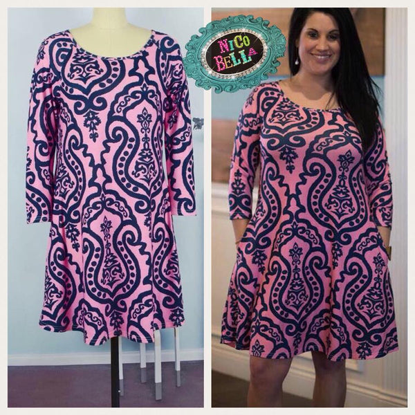 Pink Navy Damask Dress - Nico Bella Boutique 