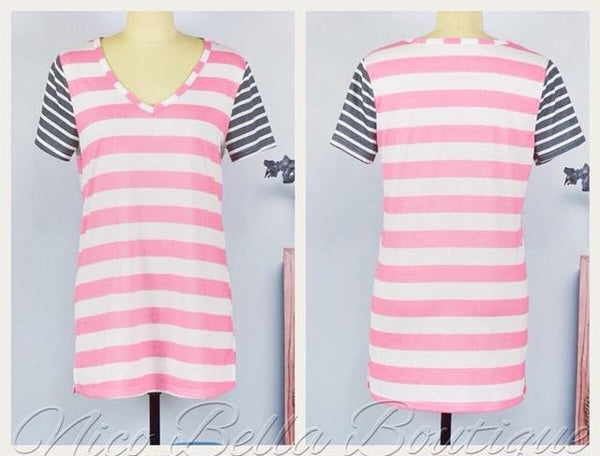 Pink and White Striped V-neck Tee - Nico Bella Boutique 