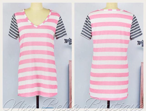Pink and White Striped V-neck Tee - Nico Bella Boutique 