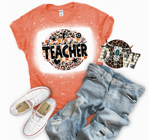 Thankful Teacher Thanksgiving Teacher Bleached Graphic T-Shirt