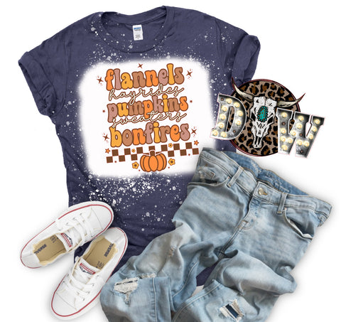 Flannels Hayrides Pumpkins Sweaters Bonfires Fall Bleached Graphic T-Shirt