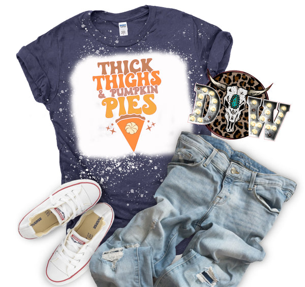 Thick Thighs and Pumpkin Pies Thanksgiving Bleached Graphic T-Shirt