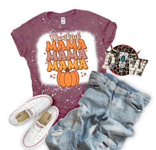 Thankful Mama Fall Thanksgiving Bleached Graphic T-Shirt
