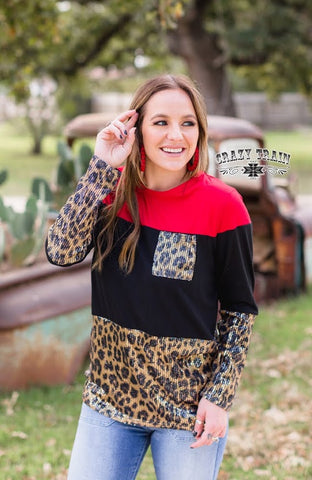 Brunch Date Leopard Red Sequin Long Sleeve Top