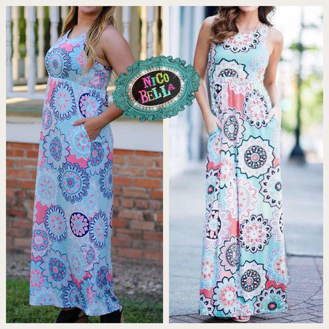 Aqua Kaleidoscope Maxi Dress - Nico Bella Boutique 