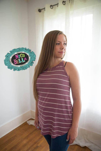 Mauve Stripe High Neck Tank - Nico Bella Boutique 