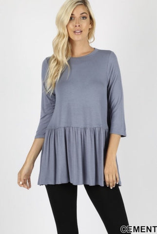 Women’s Cement Rayon Ruffle Bottom 3/4 Sleeve - Nico Bella Boutique 