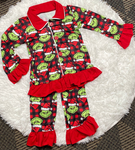 Girls Grinch Buffalo Plaid Pajama Set