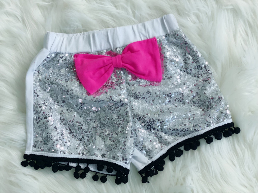 Silver Sequin Pom Pom Shorts - Nico Bella Boutique 