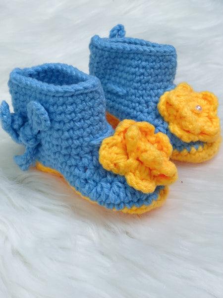 Blue and Yellow Floral Crochet Baby Booties - Nico Bella Boutique 