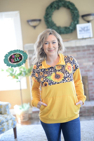 Leopard Sunflower Quarter Zip Up - Nico Bella Boutique 