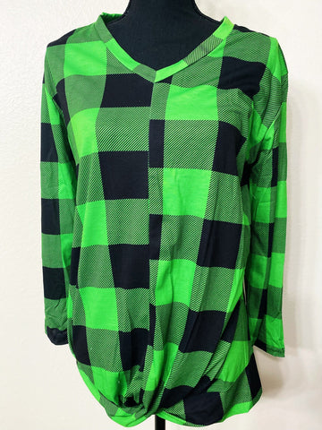 Green Buffalo Plaid 3/4 Sleeve Twist Hem Top - Nico Bella Boutique 