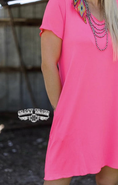 Neon Pink Druzzy Pocket Dress - Nico Bella Boutique 