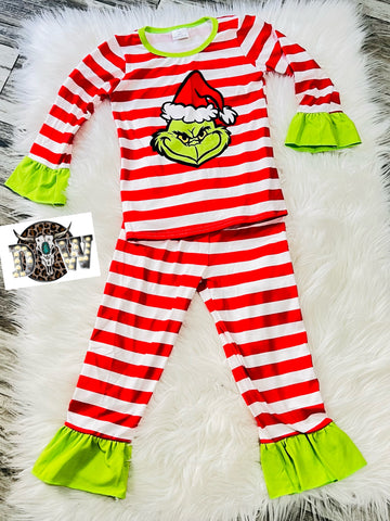 Girls Grinch Stripe Christmas Pajama Set