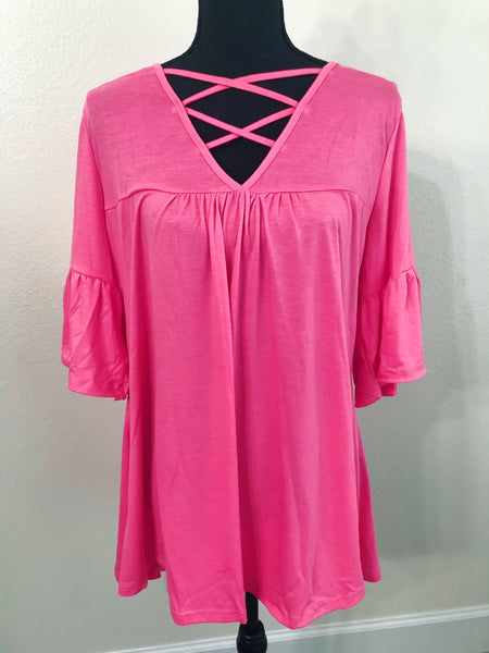 Pink Criss Cross Bell Sleeve Tunic - Nico Bella Boutique 