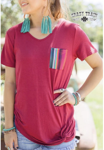 Maroon Serape Pocket Twist Hem Top - Nico Bella Boutique 