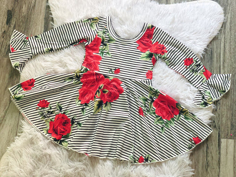 Red Rose Stripe Twirl Dress - Nico Bella Boutique 