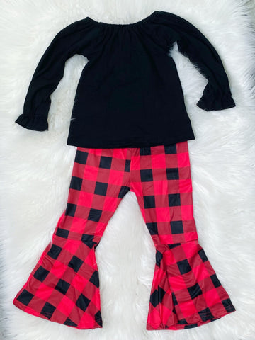 Buffalo Plaid Bells and Black Smocked Top Set - Nico Bella Boutique 