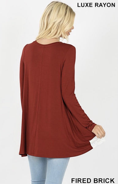 Fired Brick Lace Trim Hi-Lo Top - Nico Bella Boutique 