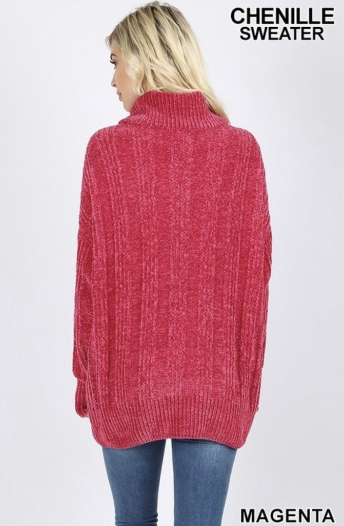 Women’s Magenta Over sized Cable Knit Chenille Sweater - Nico Bella Boutique 