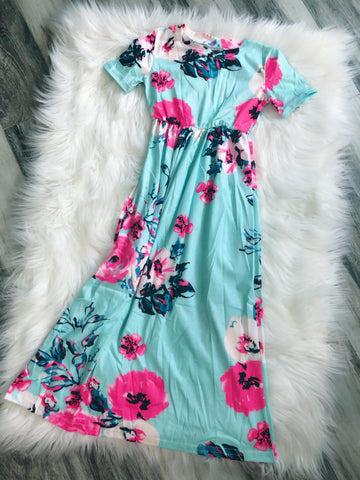 Girls Aqua Floral Maxi Dress - Nico Bella Boutique 