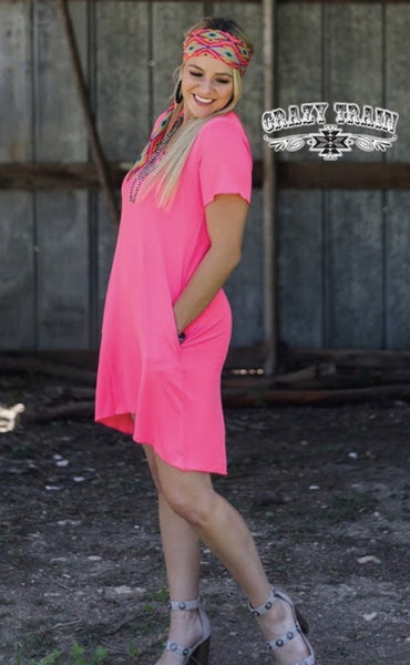 Neon Pink Druzzy Pocket Dress - Nico Bella Boutique 