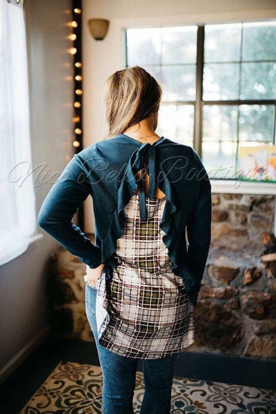 Women’s Navy Plaid Ruffle-back Shirt - Nico Bella Boutique 