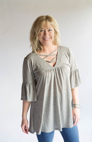 Grey Criss Cross Bell Sleeve Tunic - Double Take Western Boutique