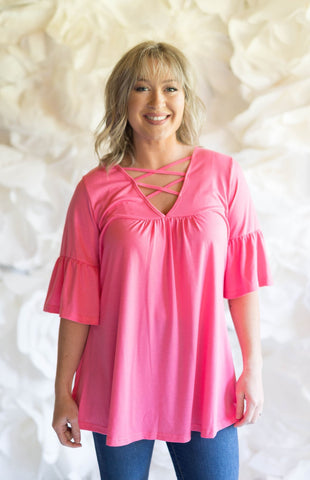 Pink Criss Cross Bell Sleeve Tunic