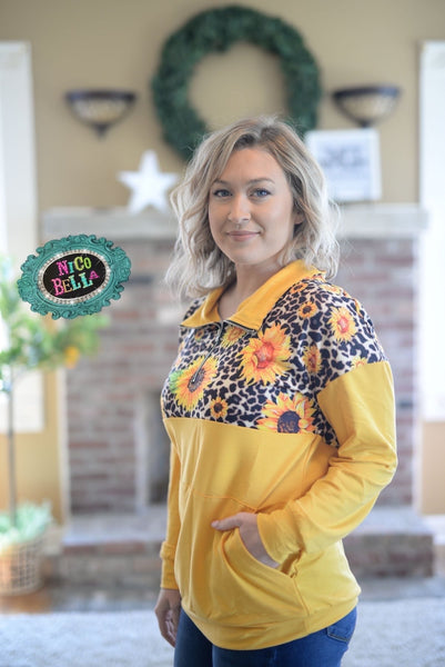 Leopard Sunflower Quarter Zip Up - Nico Bella Boutique 