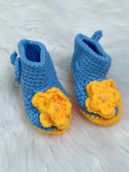 Blue and Yellow Floral Crochet Baby Booties - Nico Bella Boutique 