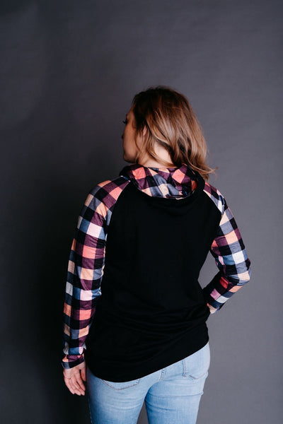 Pink Plaid Cowl Neck Hoodie - Nico Bella Boutique 