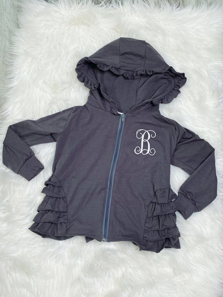 Embroidered Initial B - Grey Girls Ruffle Zip Up Hood Cardigans - Nico Bella Boutique 