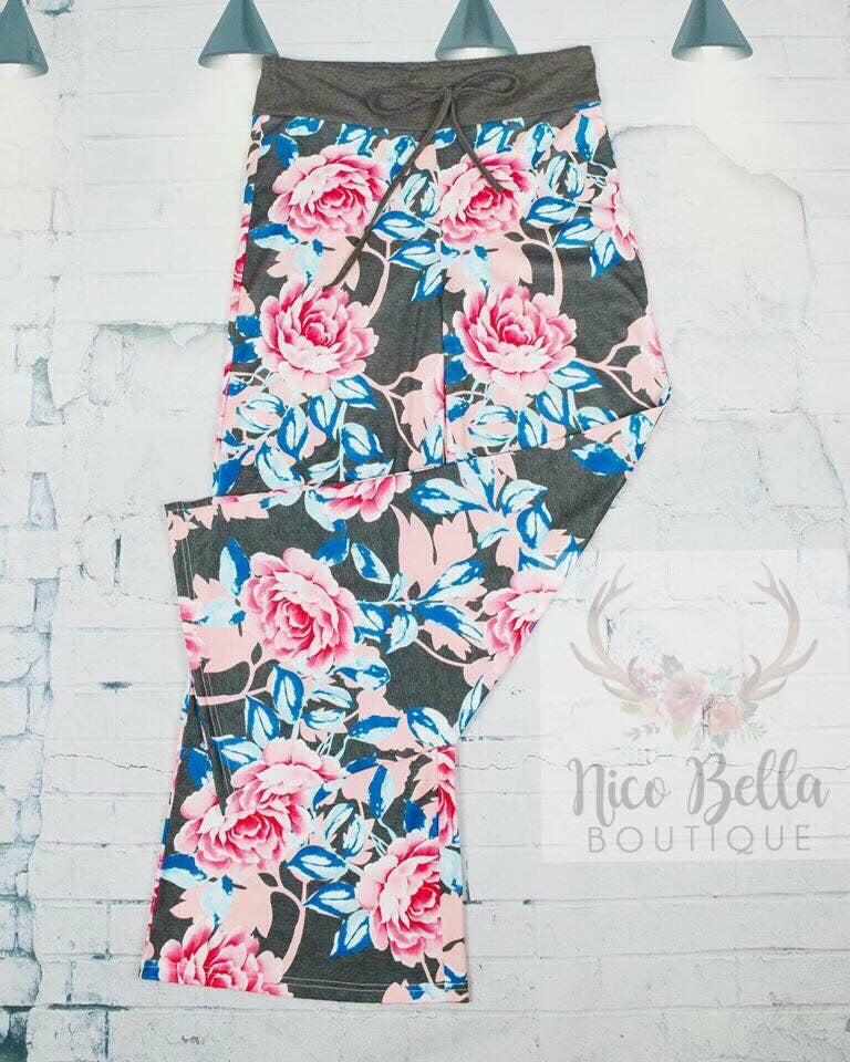 Pink & Blue Floral Lounge Pants - Nico Bella Boutique 