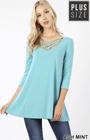 Ash Mint 3/4 Sleeve Triple Lattice Front Top - Nico Bella Boutique 