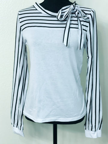 Women's White and Black Stripe Tie Neck Accent Shirt - Nico Bella Boutique 