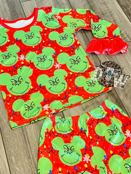 Girls Grinch Mickey Silhouette Christmas Pajama Set