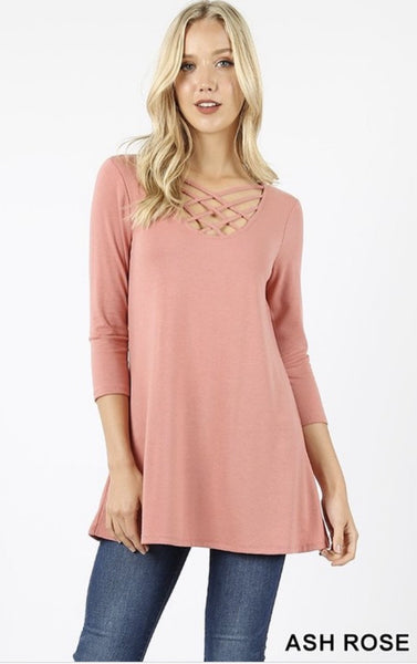 Ash Rose 3/4 Sleeve Triple Lattice Front Top - Nico Bella Boutique 