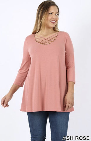 Ash Rose 3/4 Sleeve Triple Lattice Front Top - Nico Bella Boutique 