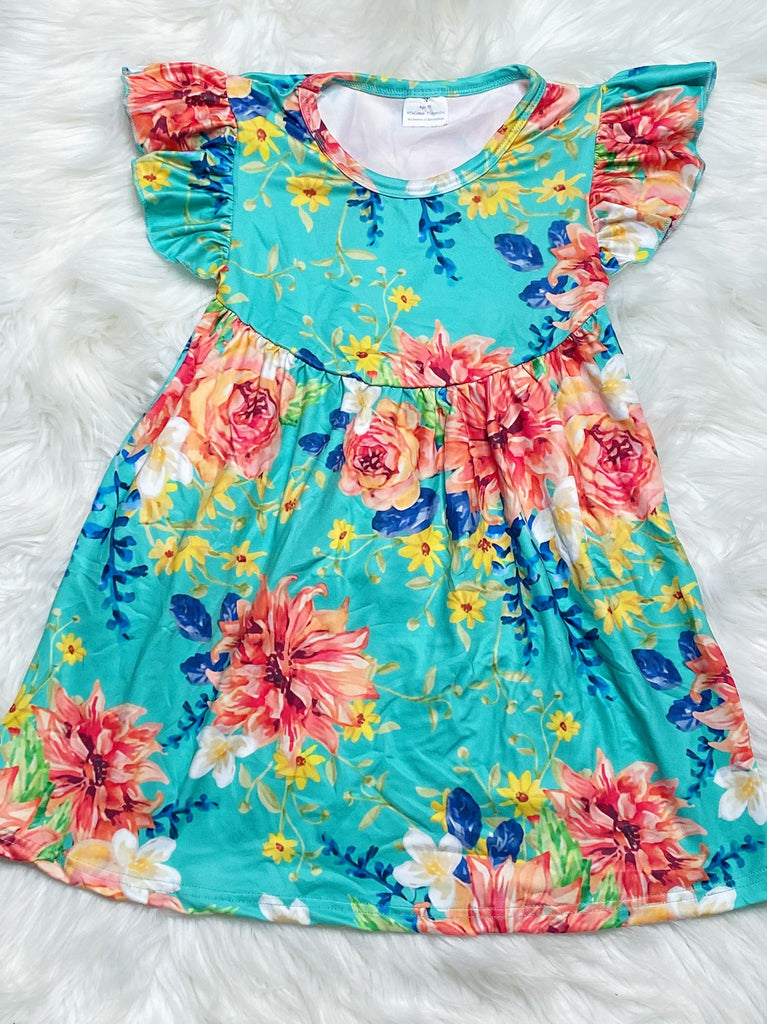 Turquoise Floral Pearl Dress - Nico Bella Boutique 