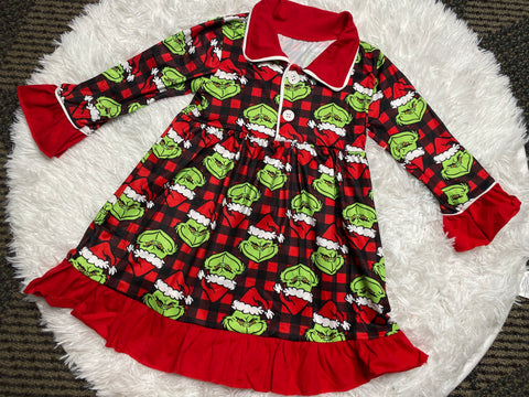 Girls Grinch Buffalo Plaid Pajama Gown