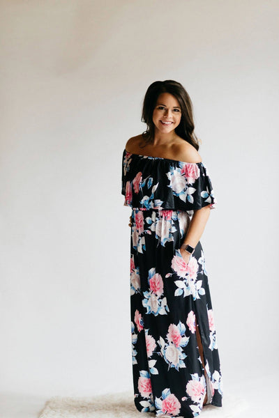 Black Floral Off Shoulder Maxi Dress - Nico Bella Boutique 