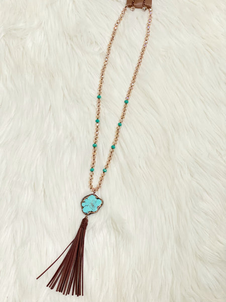 Champagne Turquoise Crystal Tassel Necklace - Nico Bella Boutique 