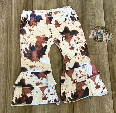 Girls Cow Print Double Ruffle Flare Pants