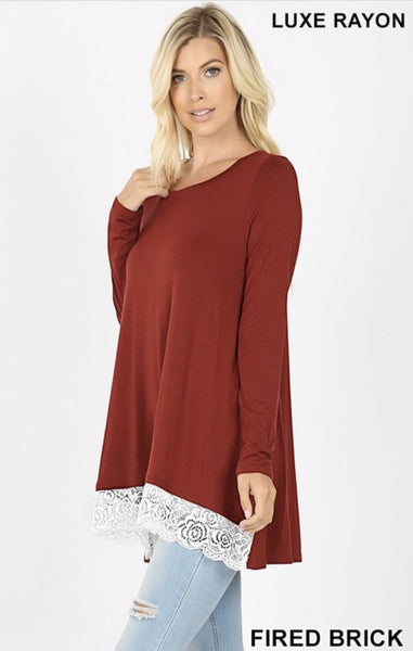 Fired Brick Lace Trim Hi-Lo Top - Nico Bella Boutique 