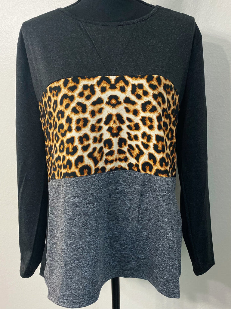 Leopard and Grey Color Block Long Sleeve Top - Nico Bella Boutique 