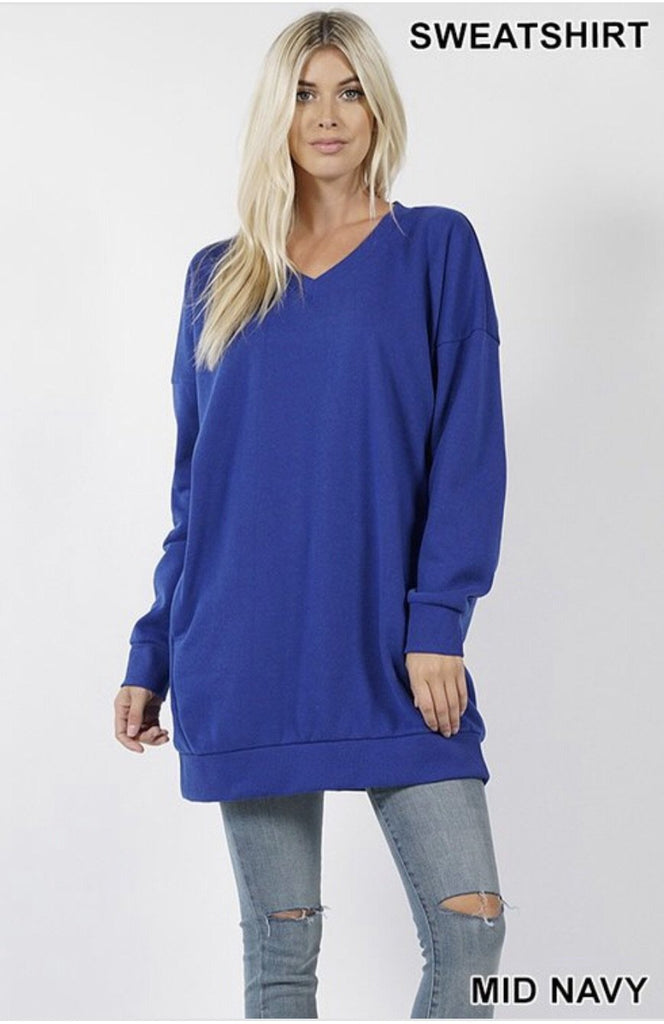 Women’s Oversized Loose Fit V-Neck Tunic Sweatshirt Mid Navy - Nico Bella Boutique 