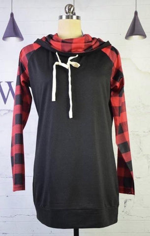 Red Buffalo Plaid Cowl Neck Hoodie - Nico Bella Boutique 