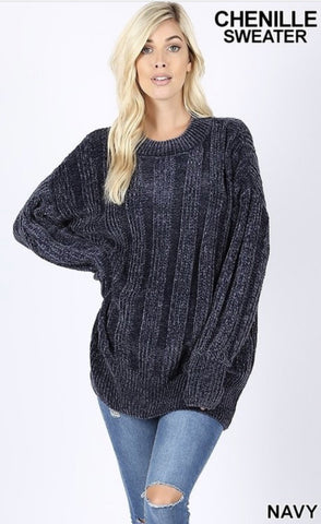 Women’s Navy Over sized Cable Knit Chenille Sweater - Nico Bella Boutique 