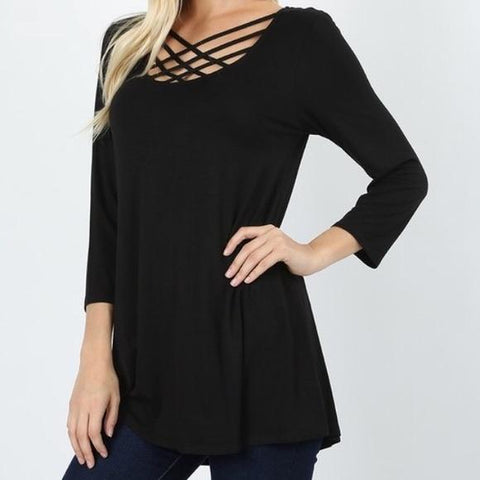 Black 3/4 Sleeve Triple Lattice Front Top - Nico Bella Boutique 